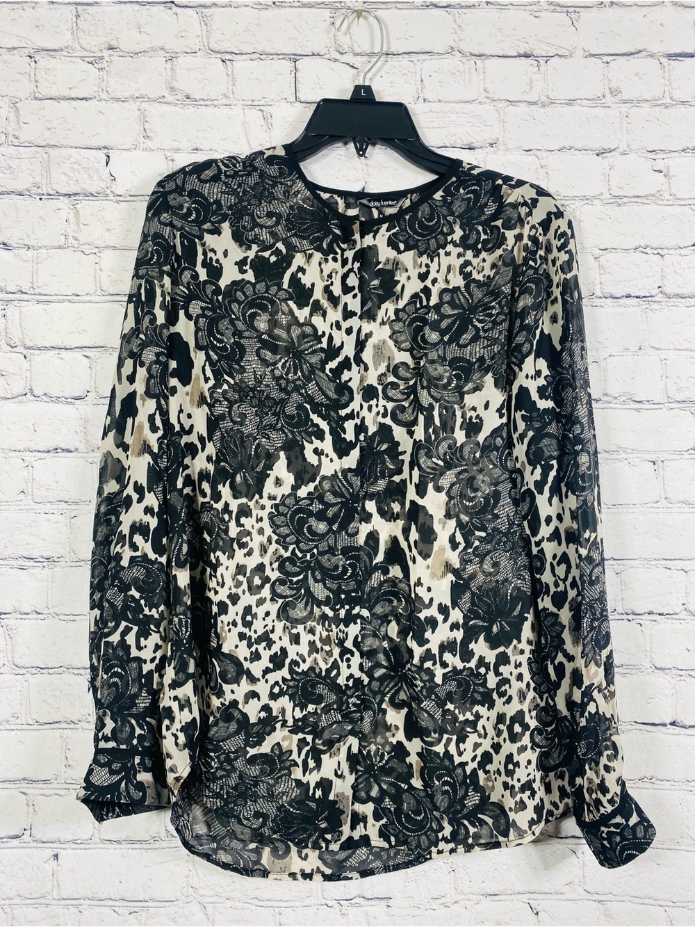 Daisy Fuentes Medium Sheer Floral Print Lace Overlay Blouse Black Ivory
